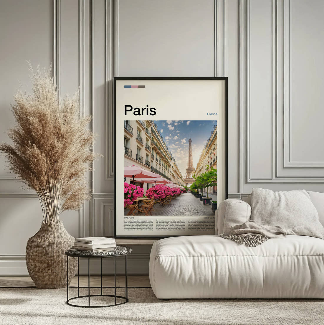 Paris Eiffel Tower And Blossom Travel Print framed on the wall of a calm, neutral bedroom