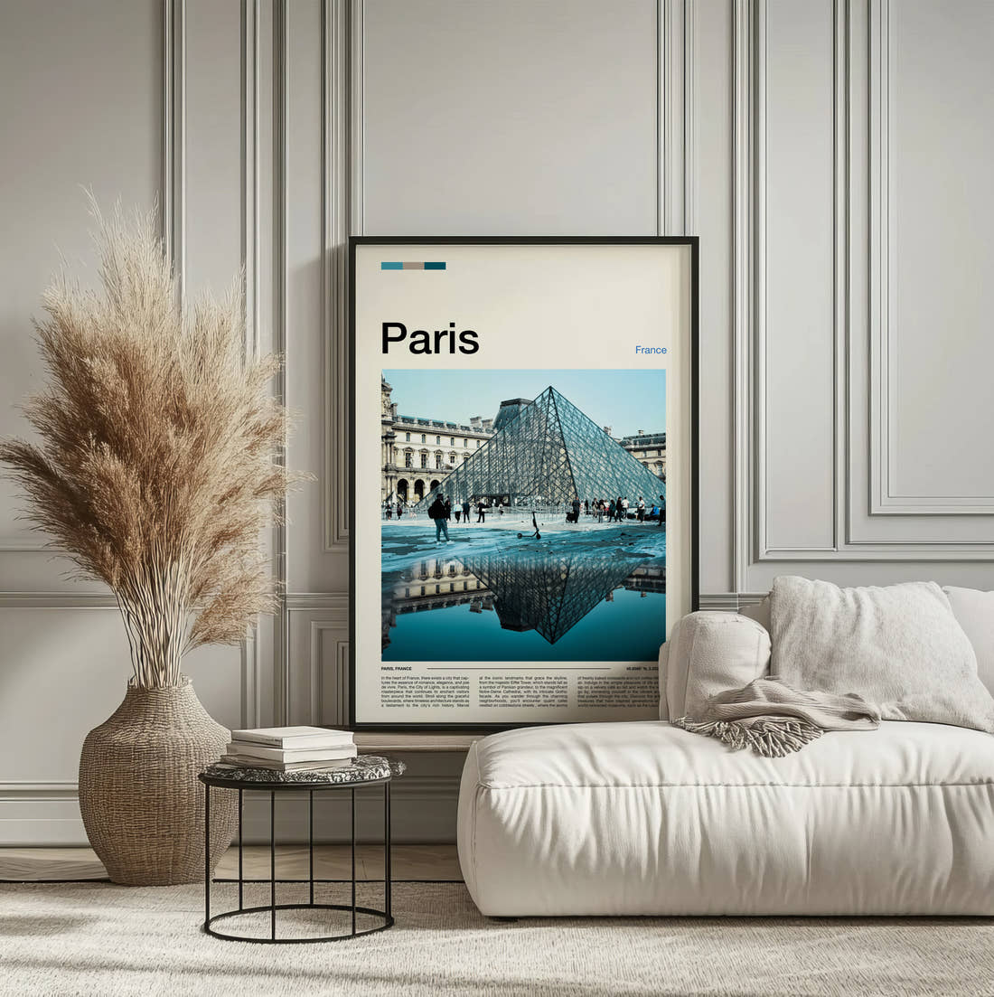 Paris Louvre Pyramid Travel Print framed on the wall of a calm, neutral bedroom