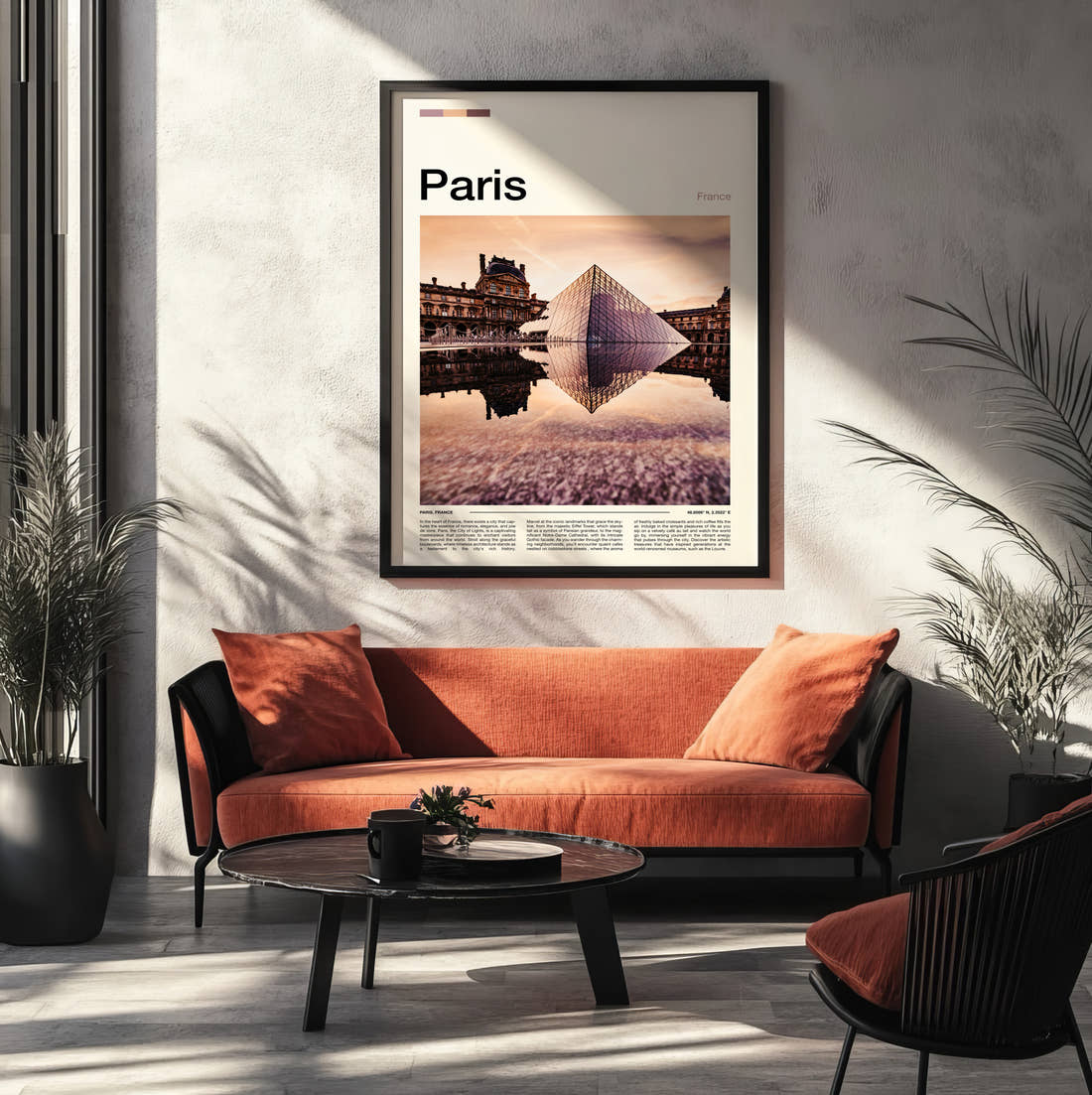 Paris Louvre Pyramid Reflection Travel Print framed on the wall of a modern living room