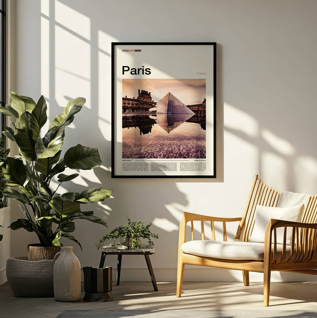 Paris Louvre Pyramid Reflection Travel Print framed on a pale wall beside houseplants