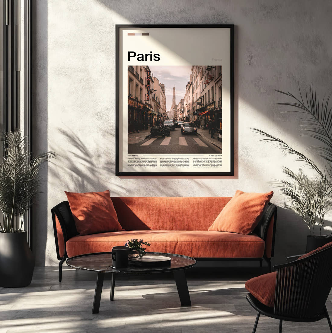 Paris Street With Eiffel Tower Travel Print framed on the wall of a modern living room
