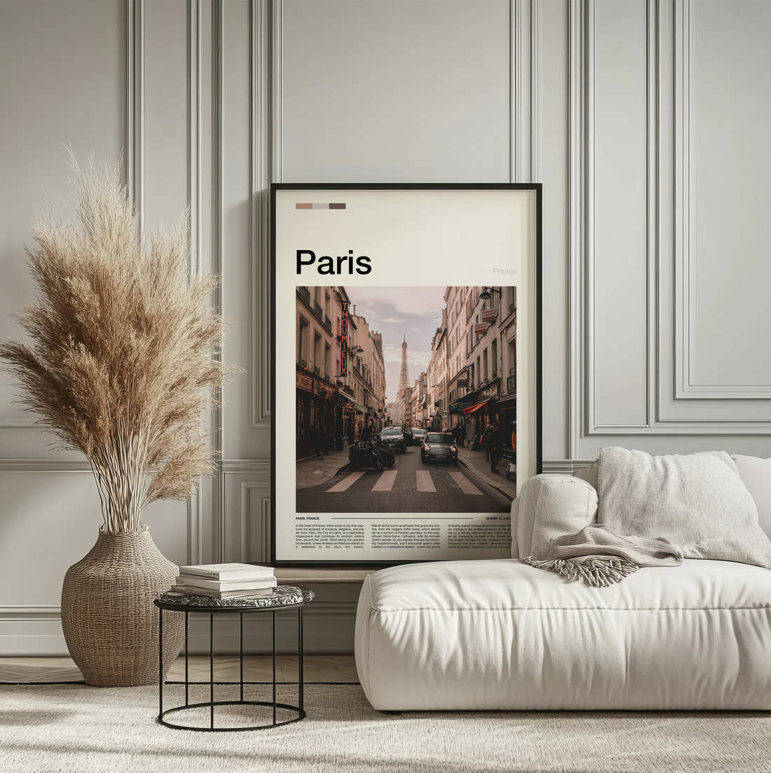 Paris Street With Eiffel Tower Travel Print framed on the wall of a calm, neutral bedroom