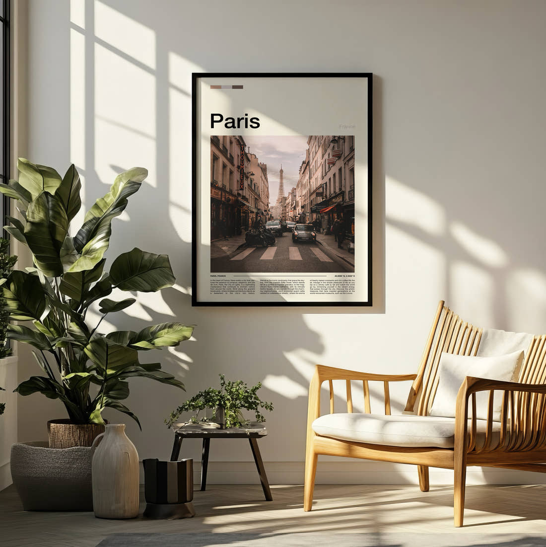 Paris Street With Eiffel Tower Travel Print framed on a pale wall beside houseplants