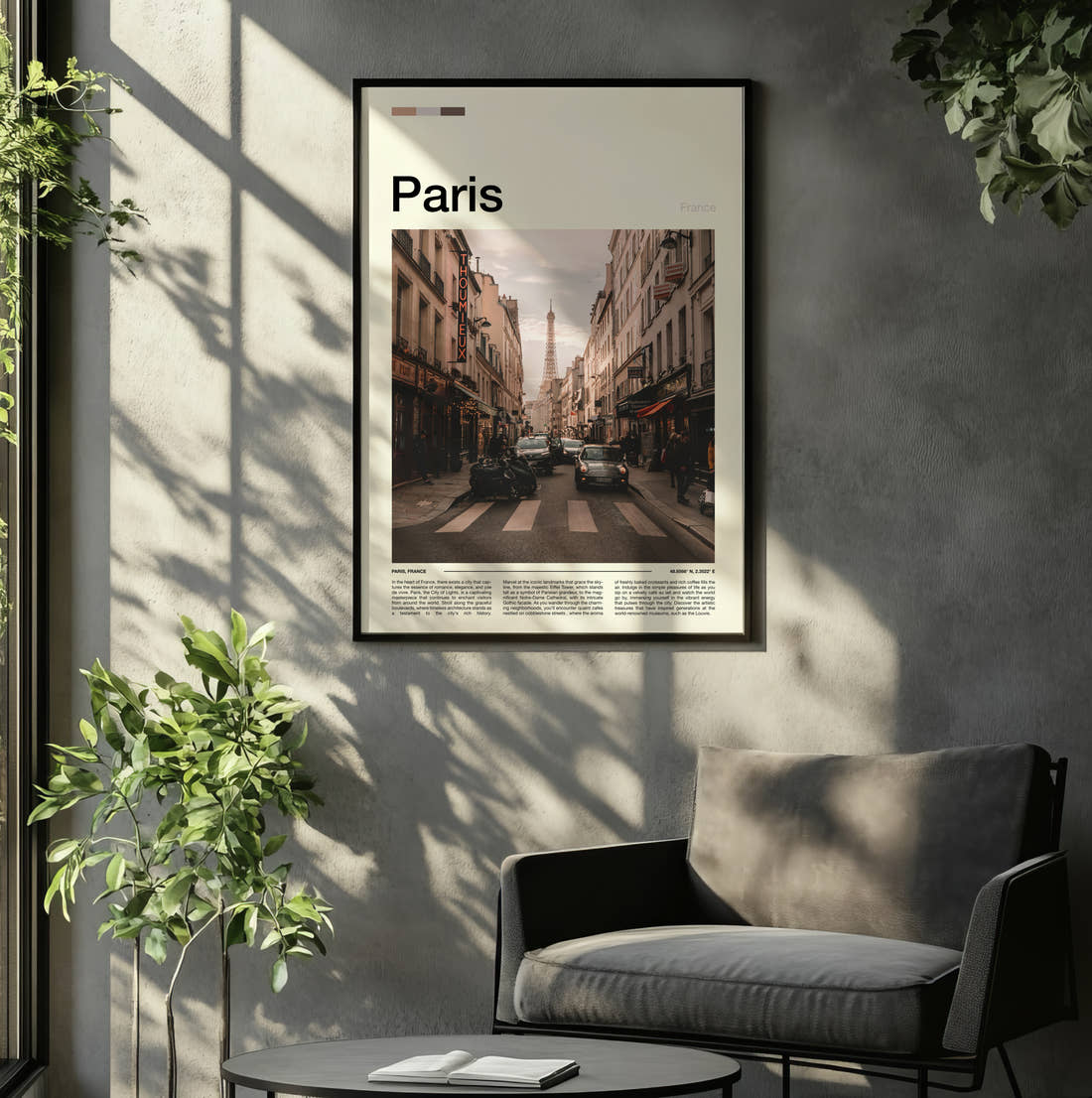Paris Street With Eiffel Tower Travel Print framed on the wall of a relaxed living room