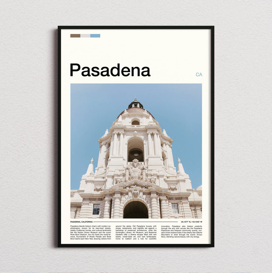 Pasadena City Hall Travel Print framed and photographed straight on