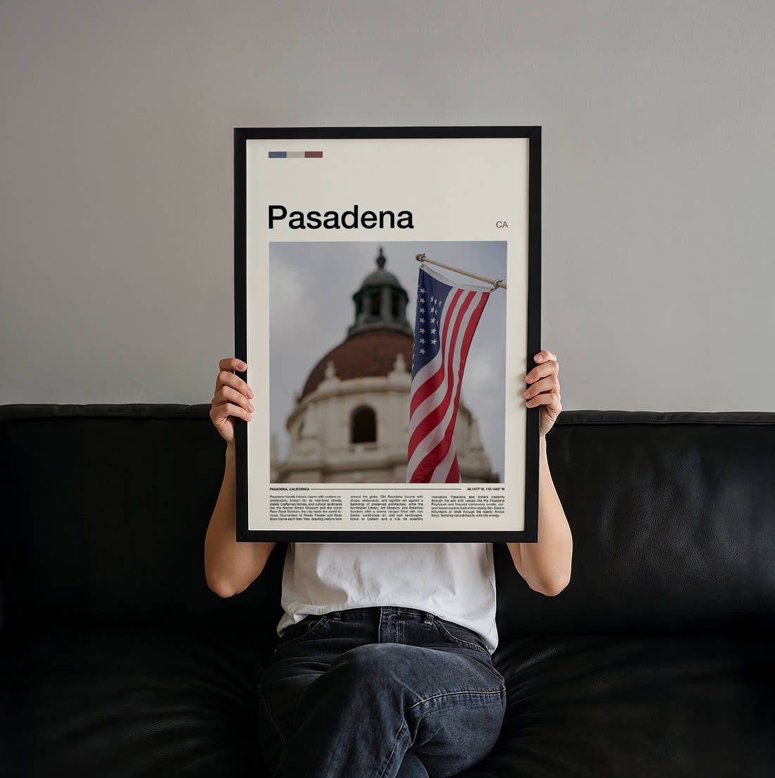 Pasadena American Flag Travel Print held up by hand to show the size of the print
