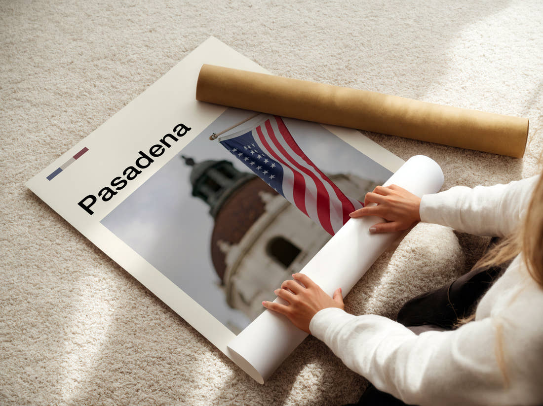 Pasadena American Flag Travel Print being unrolled from its postal tube