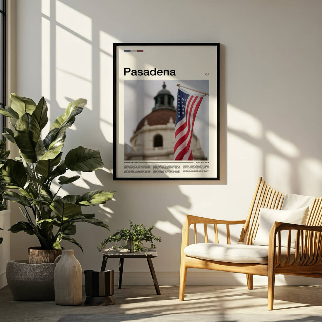 Pasadena American Flag Travel Print framed on a pale wall beside houseplants