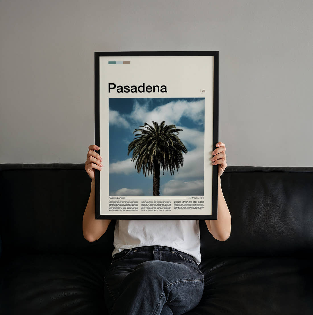 Pasadena Palm Tree Travel Print held up by hand to show the size of the print
