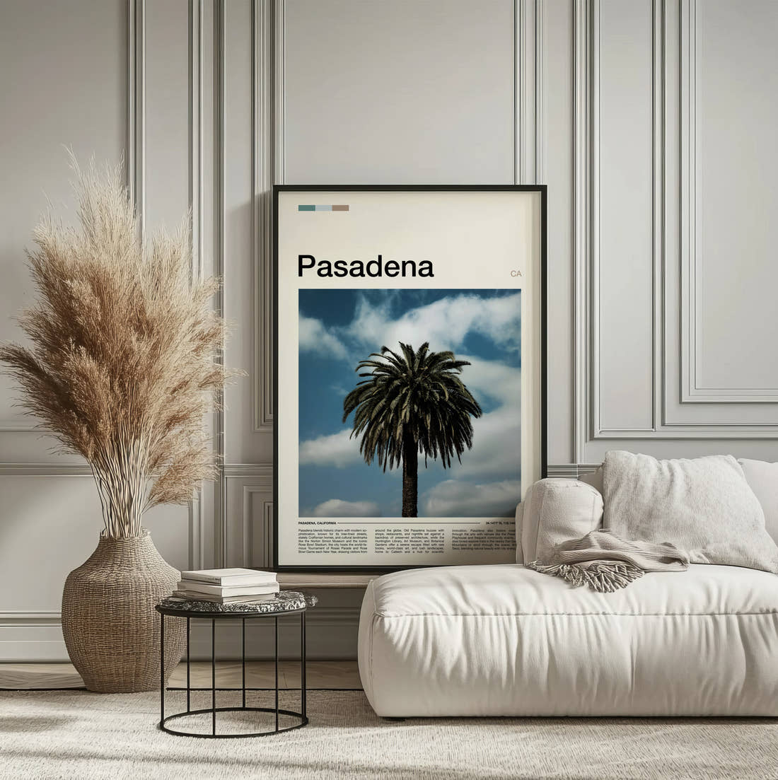 Pasadena Palm Tree Travel Print framed on the wall of a calm, neutral bedroom
