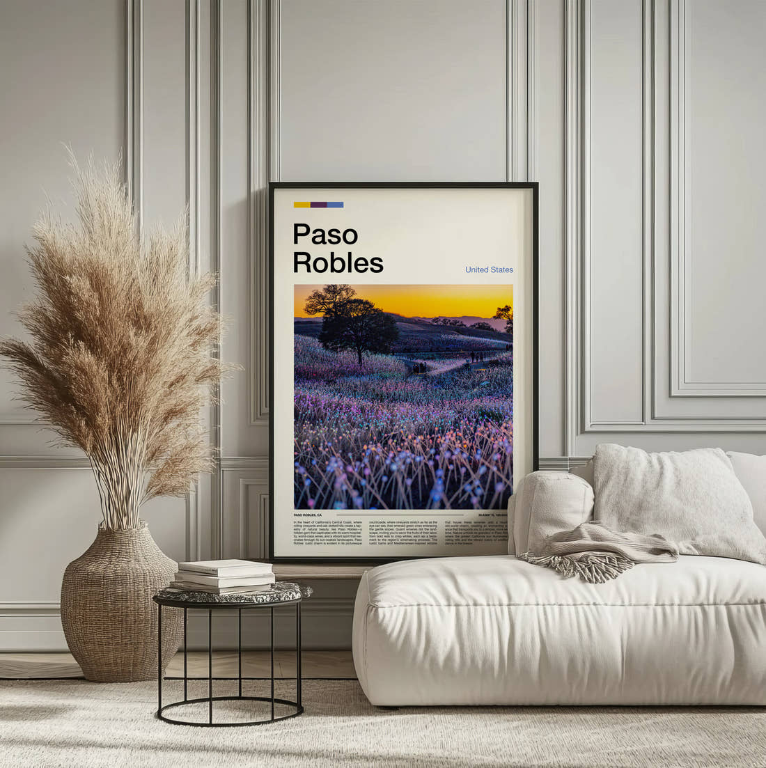 Paso Robles Field Of Light Travel Print framed on the wall of a calm, neutral bedroom