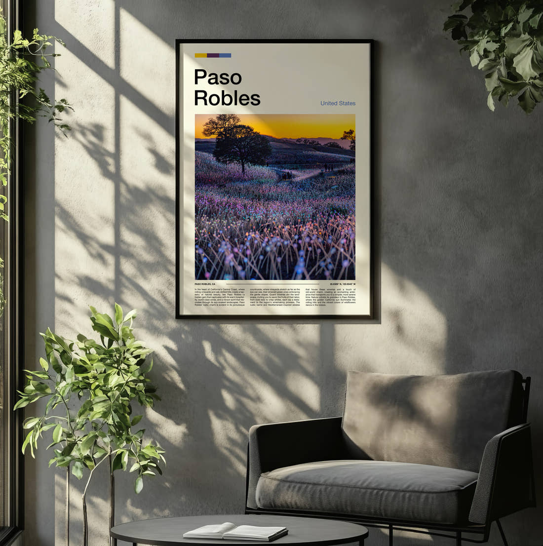 Paso Robles Field Of Light Travel Print framed on the wall of a relaxed living room
