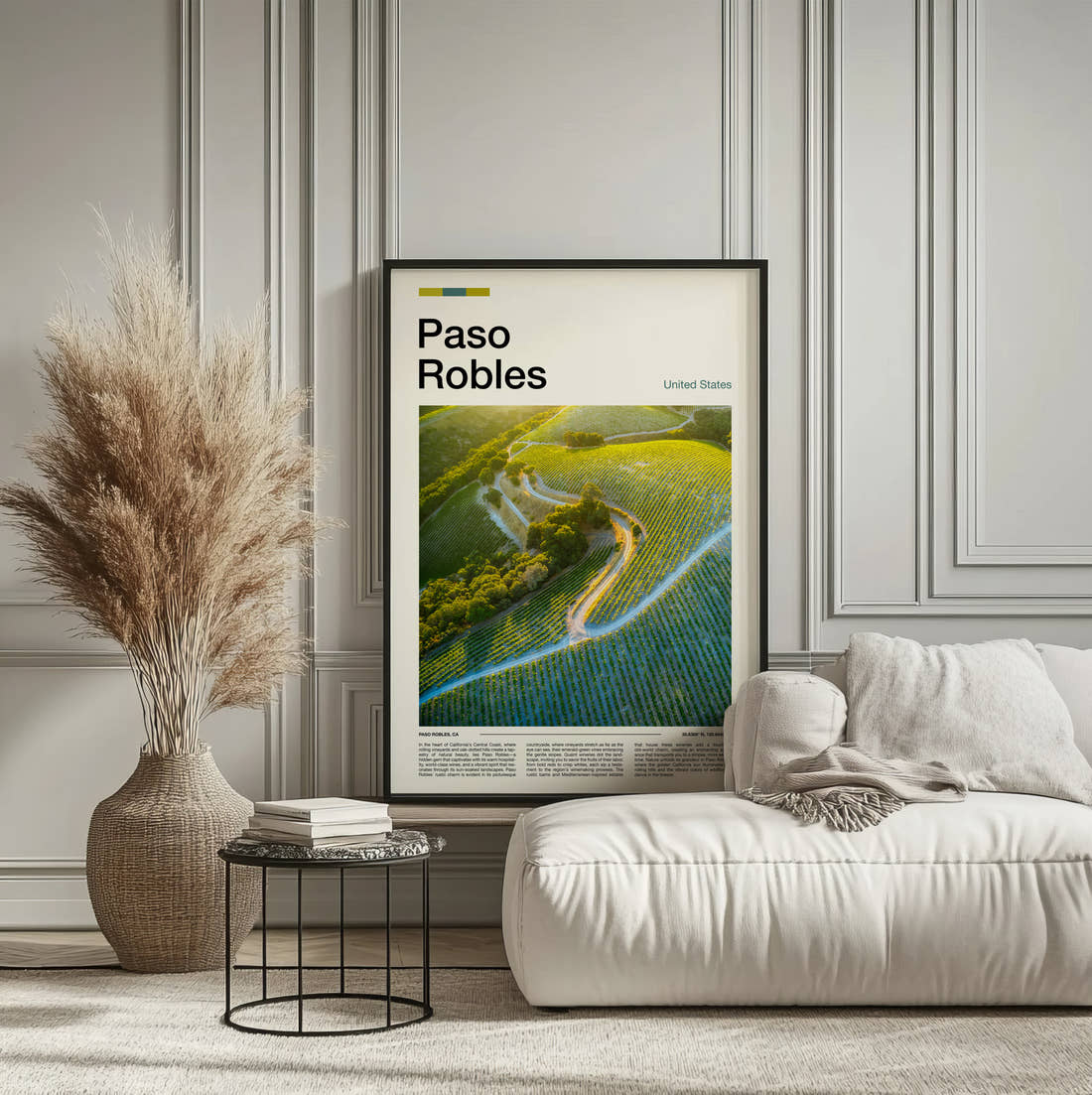 Paso Robles Vineyard From Above Travel Print framed on the wall of a calm, neutral bedroom