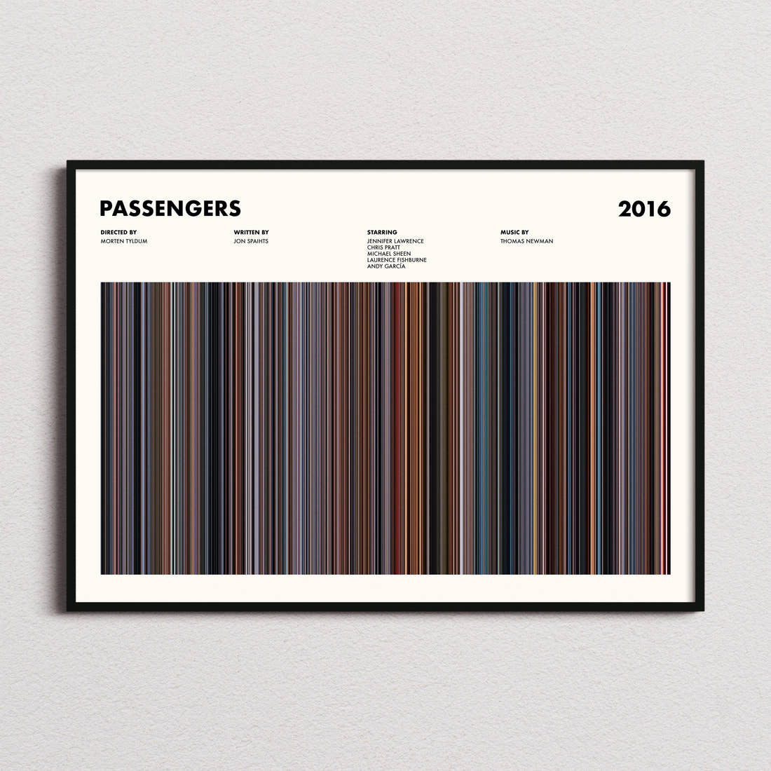 Passengers Movie Barcode Poster framed and photographed straight on