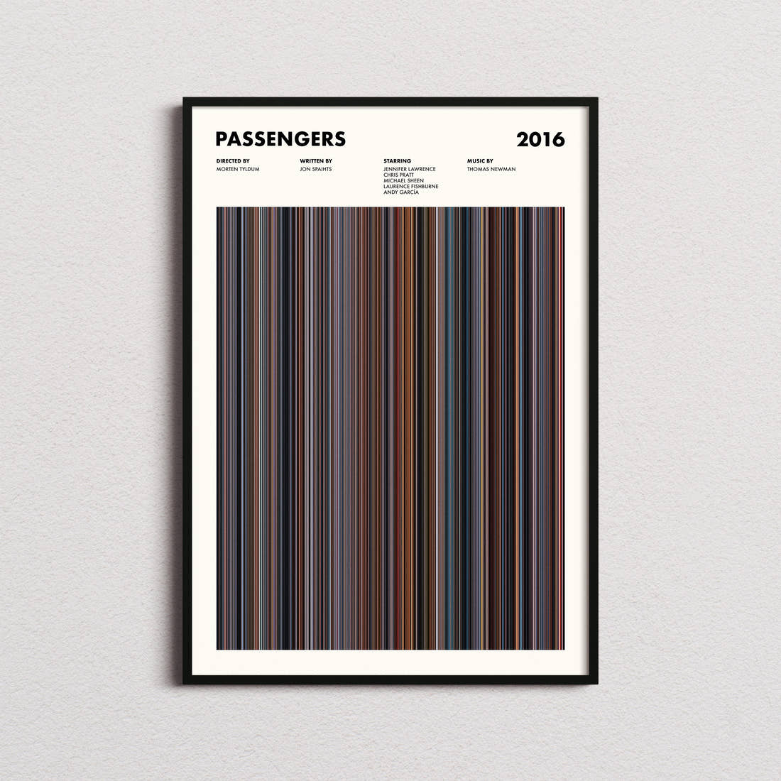 Passengers Movie Barcode Poster framed on a plain studio wall