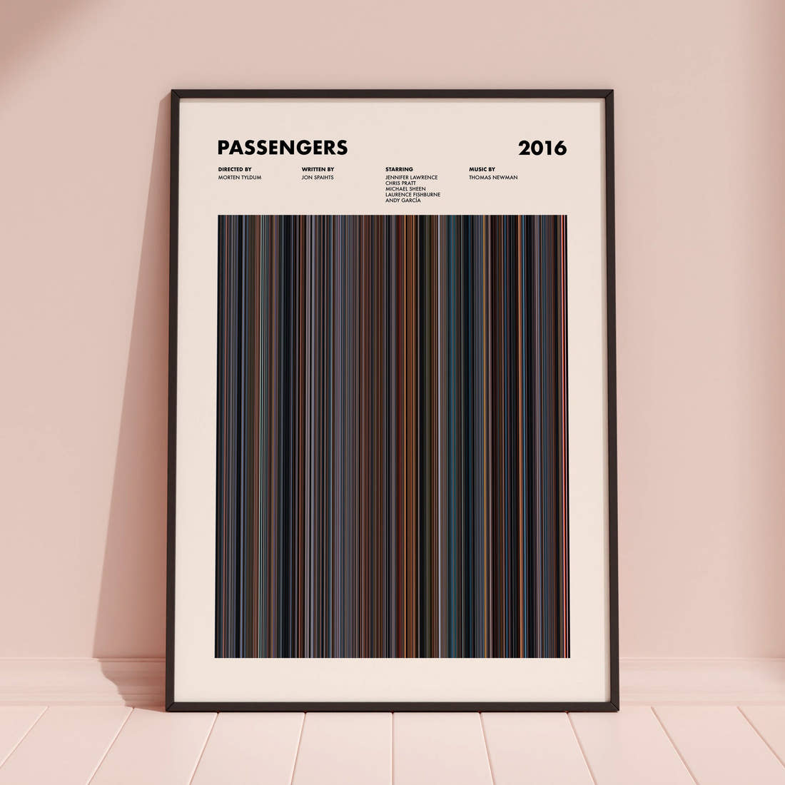 Passengers Movie Barcode Poster framed and leaning against a coloured wall