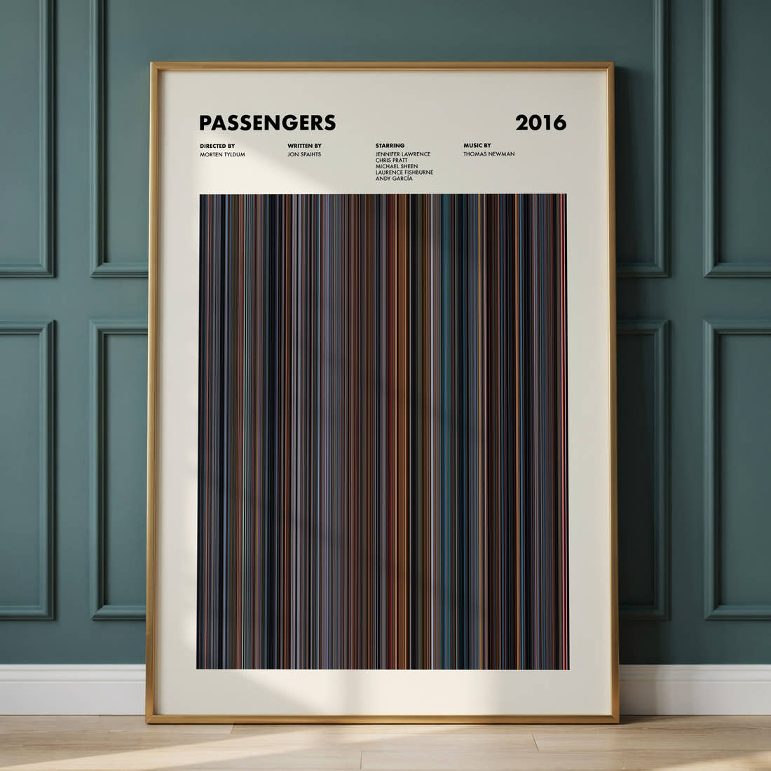 Passengers Movie Barcode Poster framed and leaning against a panelled wall