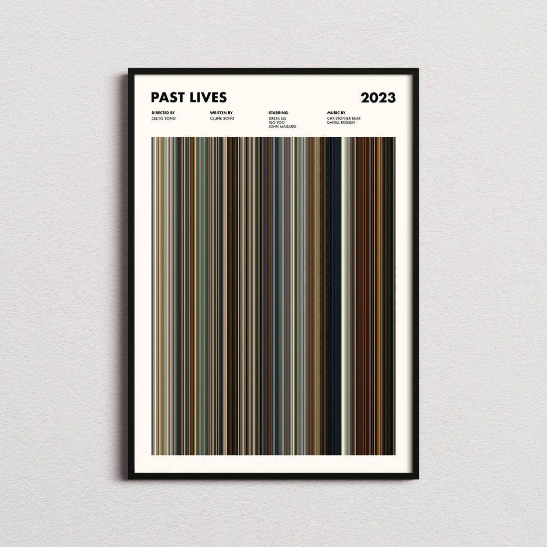 Past Lives Movie Barcode Poster framed on a plain studio wall