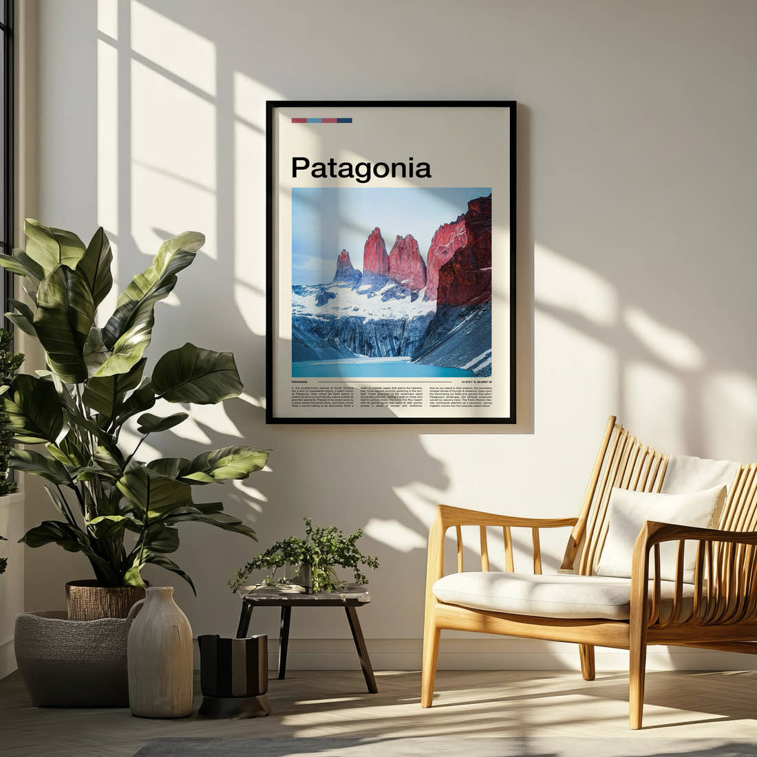 Patagonia Torres Del Paine Travel Print framed on a pale wall beside houseplants