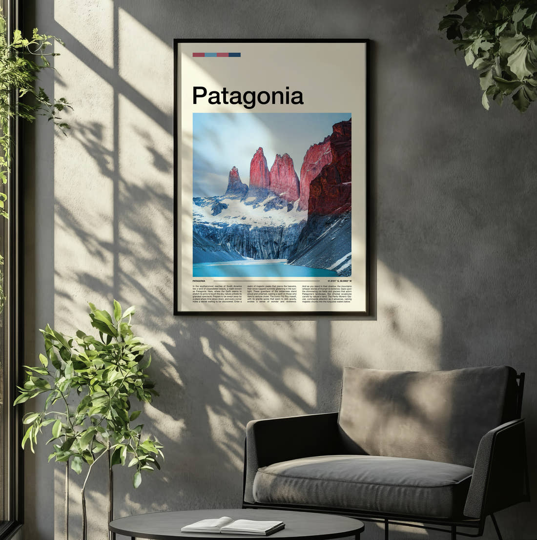 Patagonia Torres Del Paine Travel Print framed on the wall of a relaxed living room