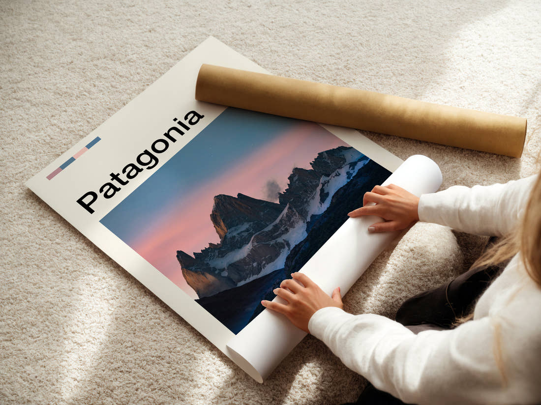Patagonia Mount Fitz Roy Travel Print being unrolled from its postal tube