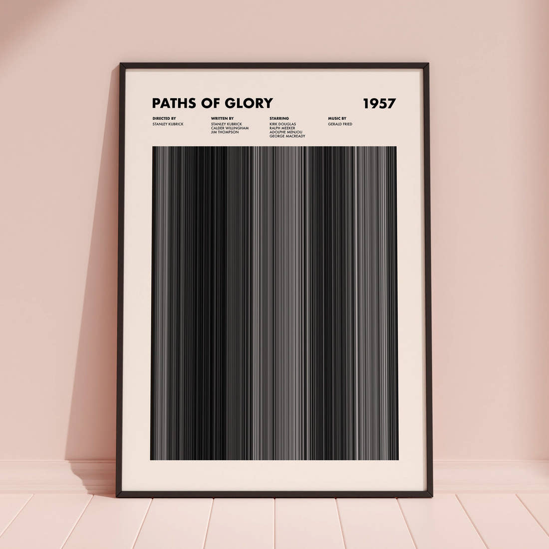 Paths Of Glory Movie Barcode Poster framed and leaning against a coloured wall