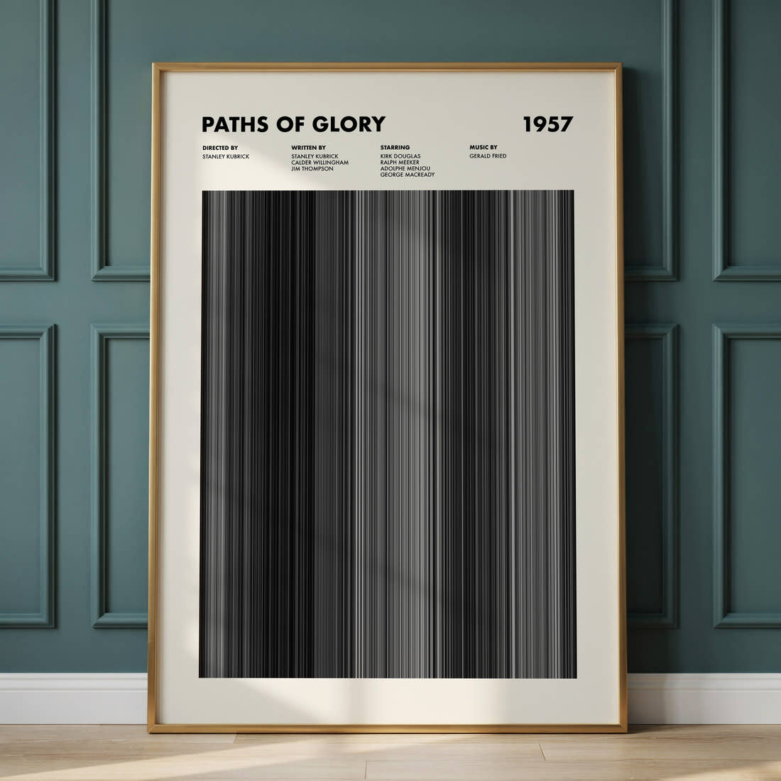 Paths Of Glory Movie Barcode Poster framed and leaning against a panelled wall