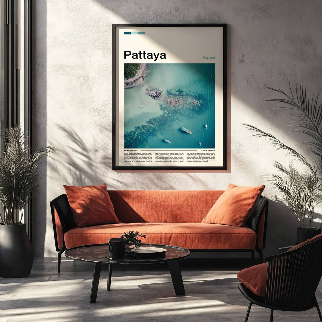 Pattaya Aerial Turquoise Coastline Travel Print framed on the wall of a modern living room