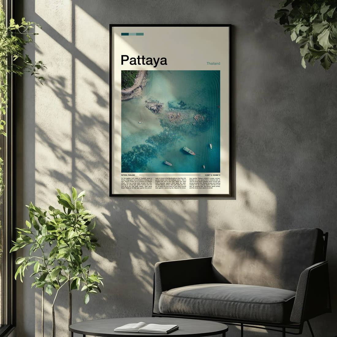 Pattaya Aerial Turquoise Coastline Travel Print framed on the wall of a relaxed living room