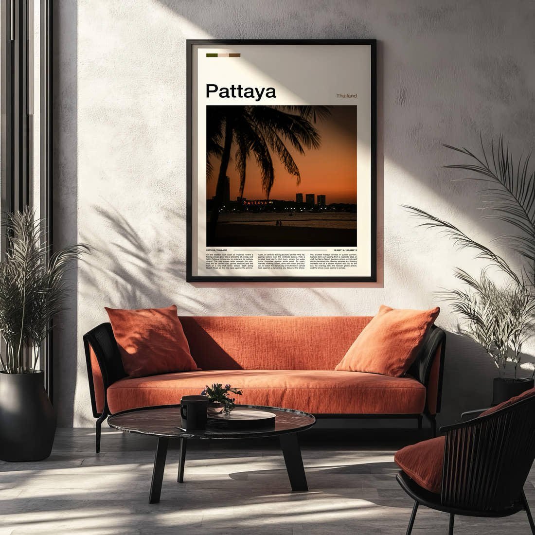 Pattaya Palm-Framed Sunset Skyline Travel Print framed on the wall of a modern living room