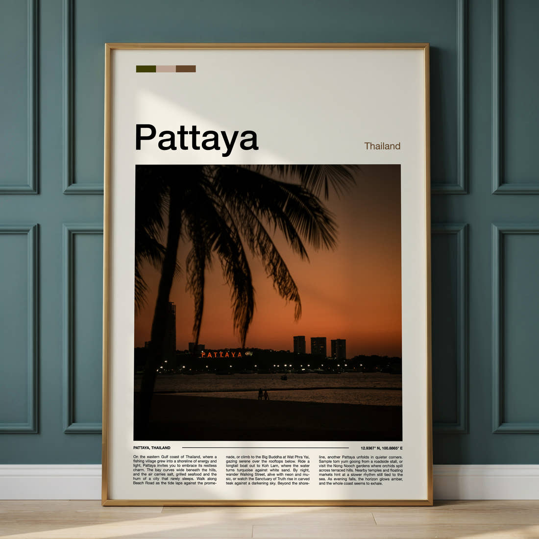 Pattaya Palm-Framed Sunset Skyline Travel Print framed on the wall of a calm, neutral bedroom