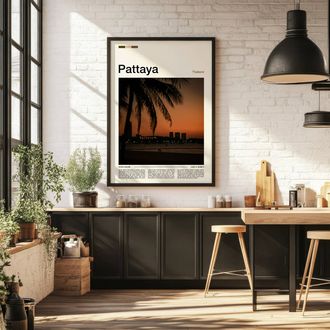 Pattaya Palm-Framed Sunset Skyline Travel Print framed on the wall of a bright kitchen and dining space
