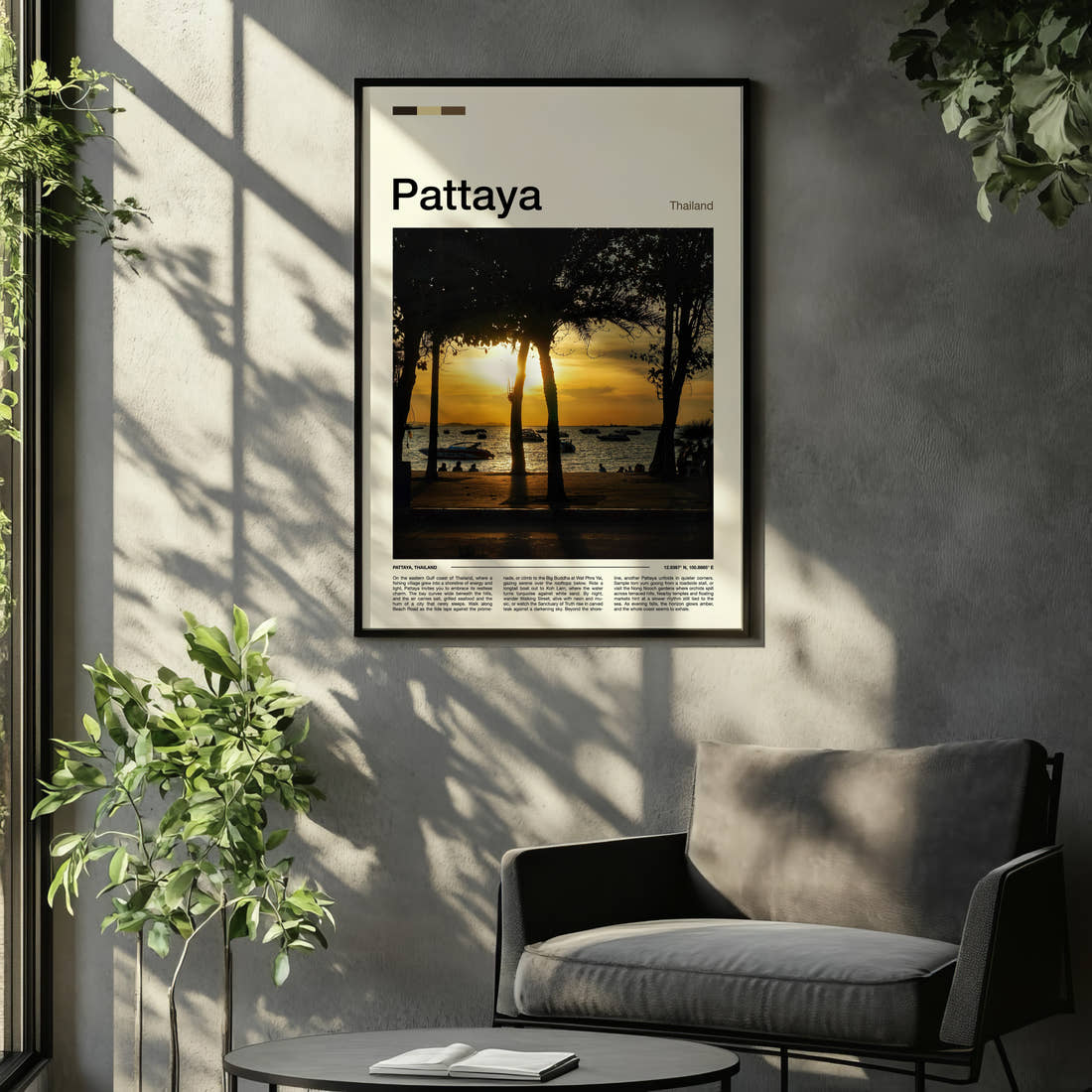 Pattaya Palm-Framed Sunset Travel Print framed on the wall of a relaxed living room