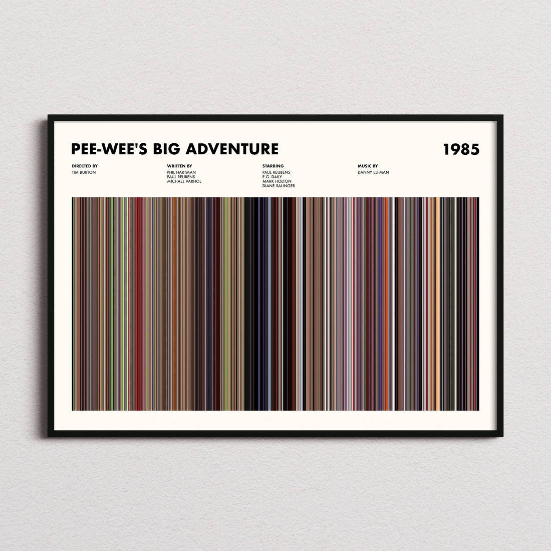 Pee-wee's Big Adventure Movie Barcode Poster framed and photographed straight on