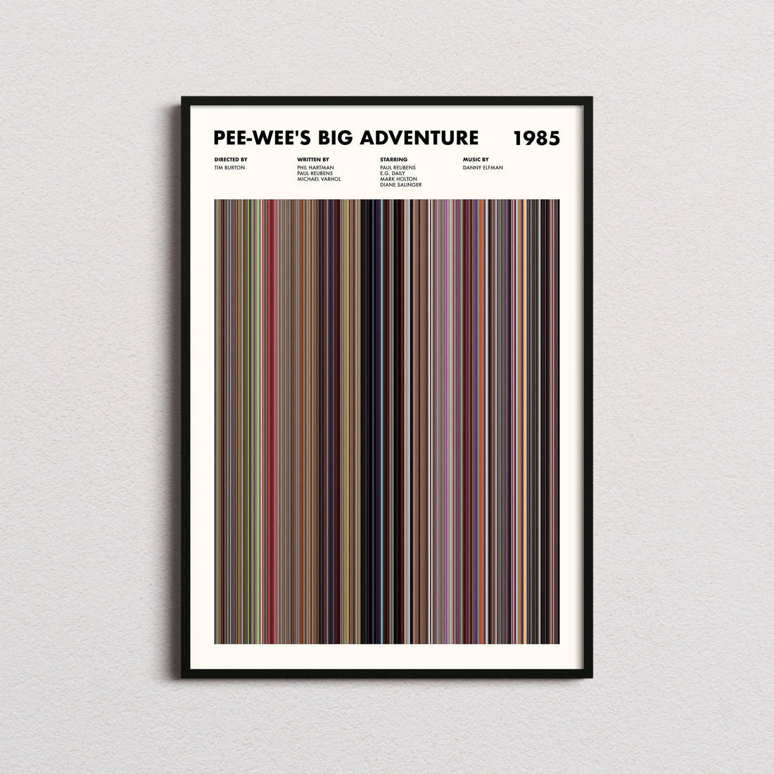 Pee-wee's Big Adventure Movie Barcode Poster framed on a plain studio wall