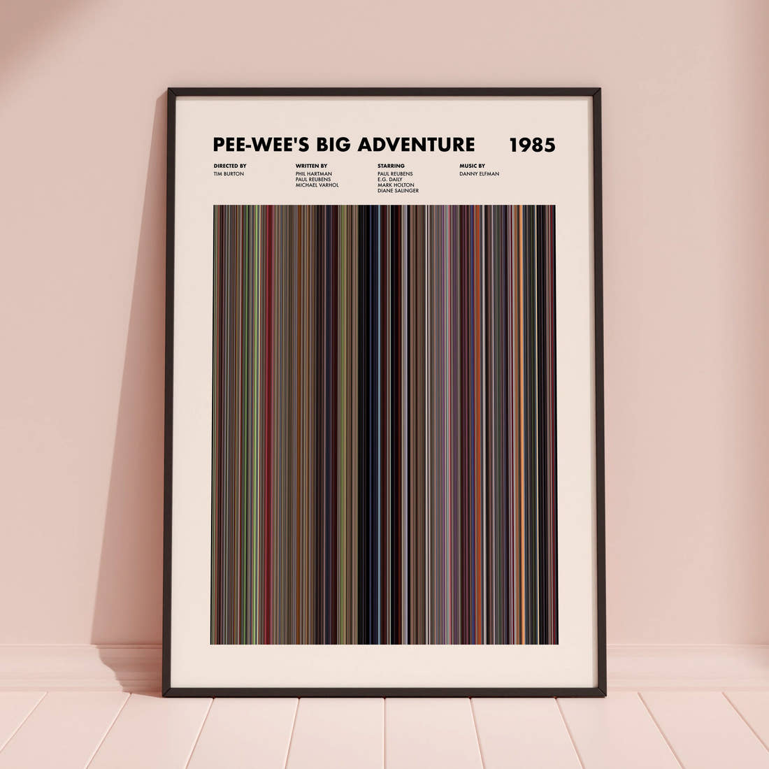 Pee-wee's Big Adventure Movie Barcode Poster framed and leaning against a coloured wall