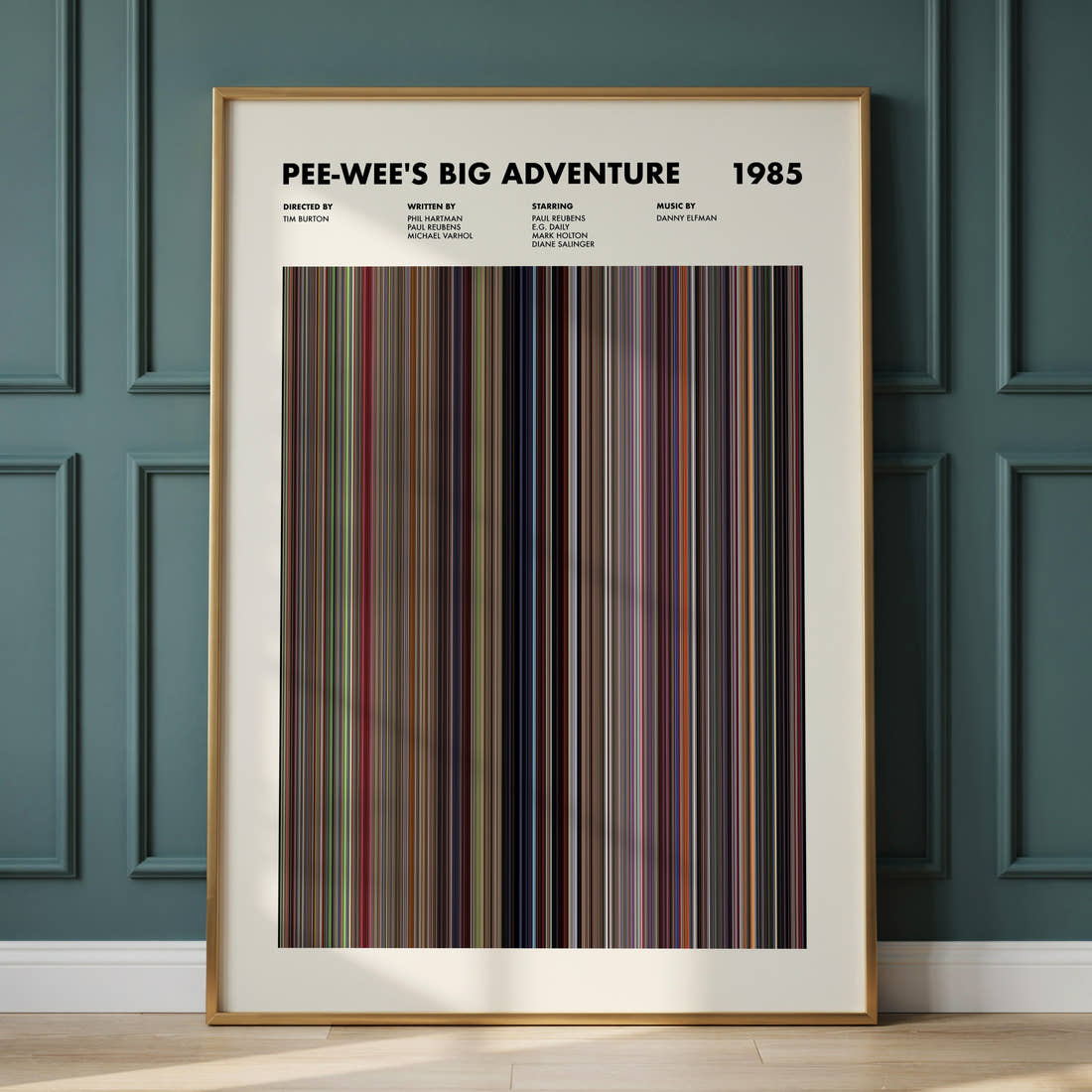 Pee-wee's Big Adventure Movie Barcode Poster framed and leaning against a panelled wall