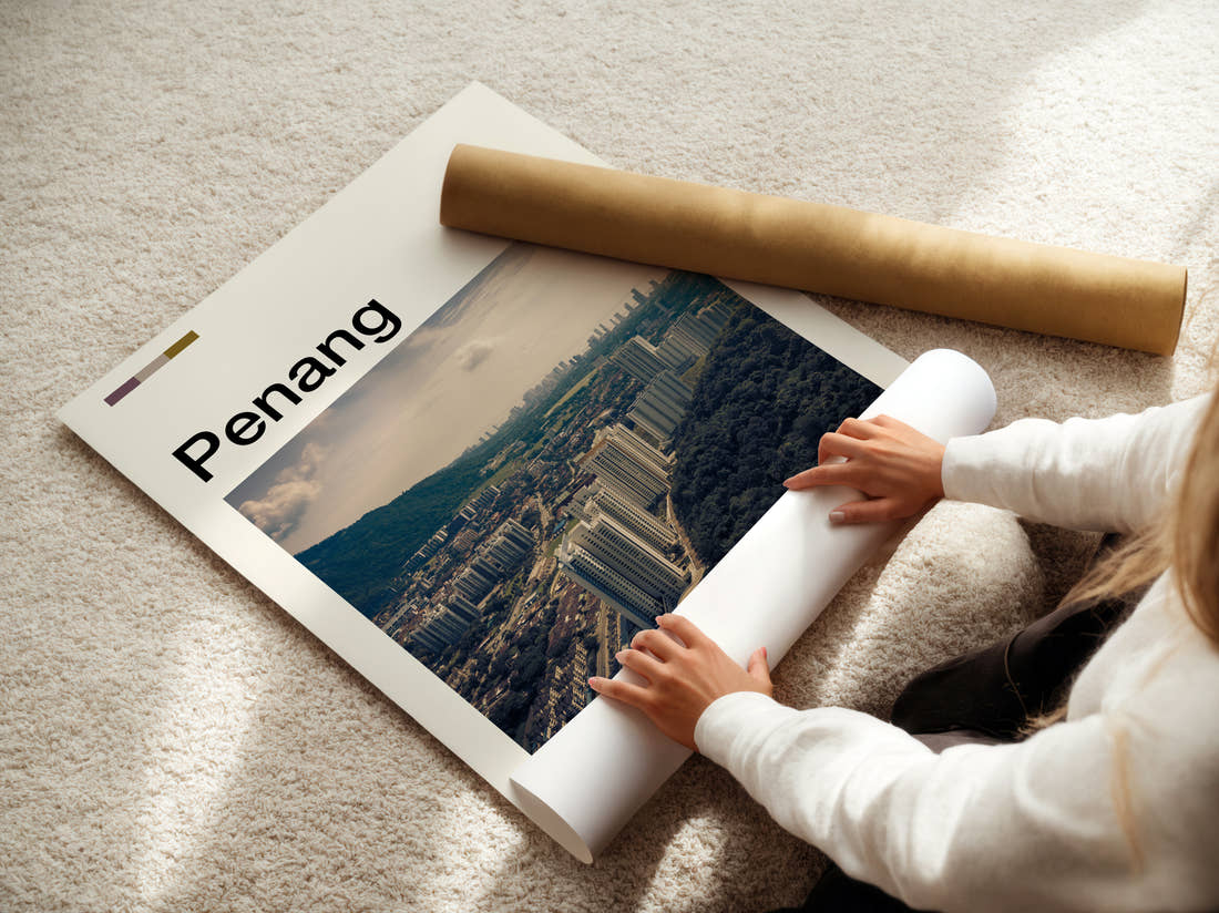 Penang Aerial View Of City Travel Print being unrolled from its postal tube