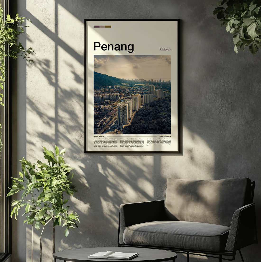 Penang Aerial View Of City Travel Print framed on the wall of a relaxed living room