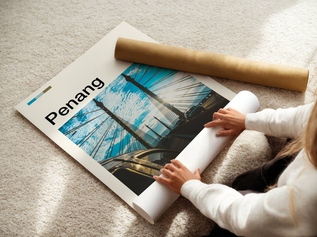 Penang Cable-Stayed Bridge Travel Print being unrolled from its postal tube