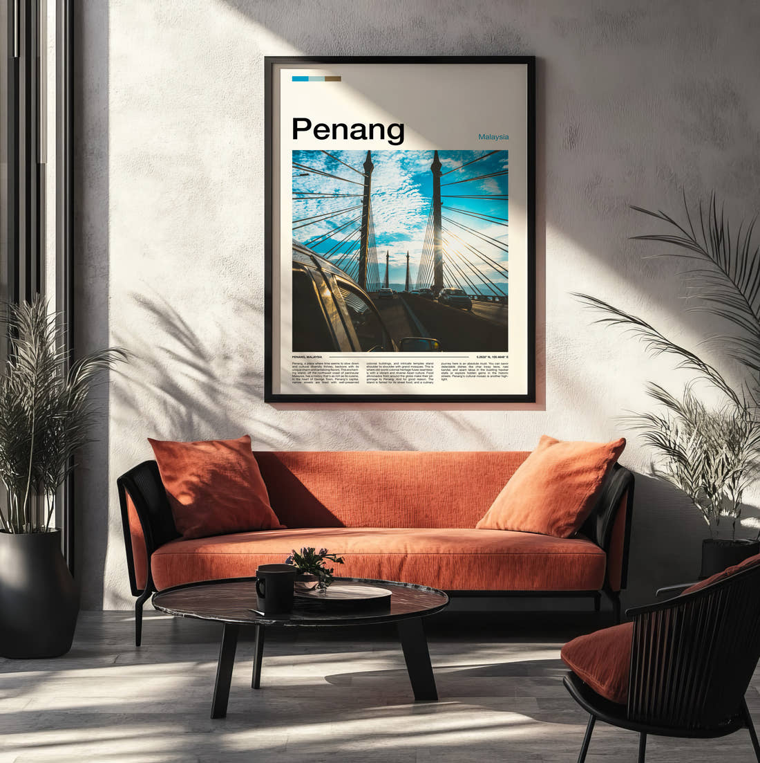 Penang Cable-Stayed Bridge Travel Print framed on the wall of a modern living room