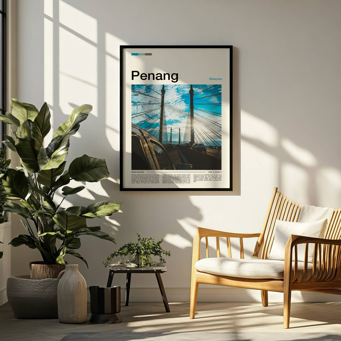 Penang Cable-Stayed Bridge Travel Print framed on a pale wall beside houseplants