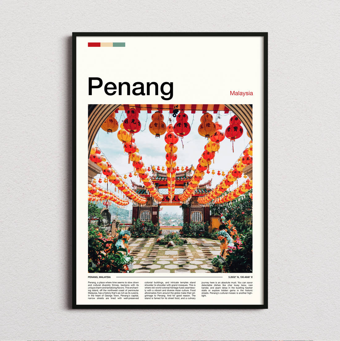 Penang Red Lanterns Travel Print framed and photographed straight on