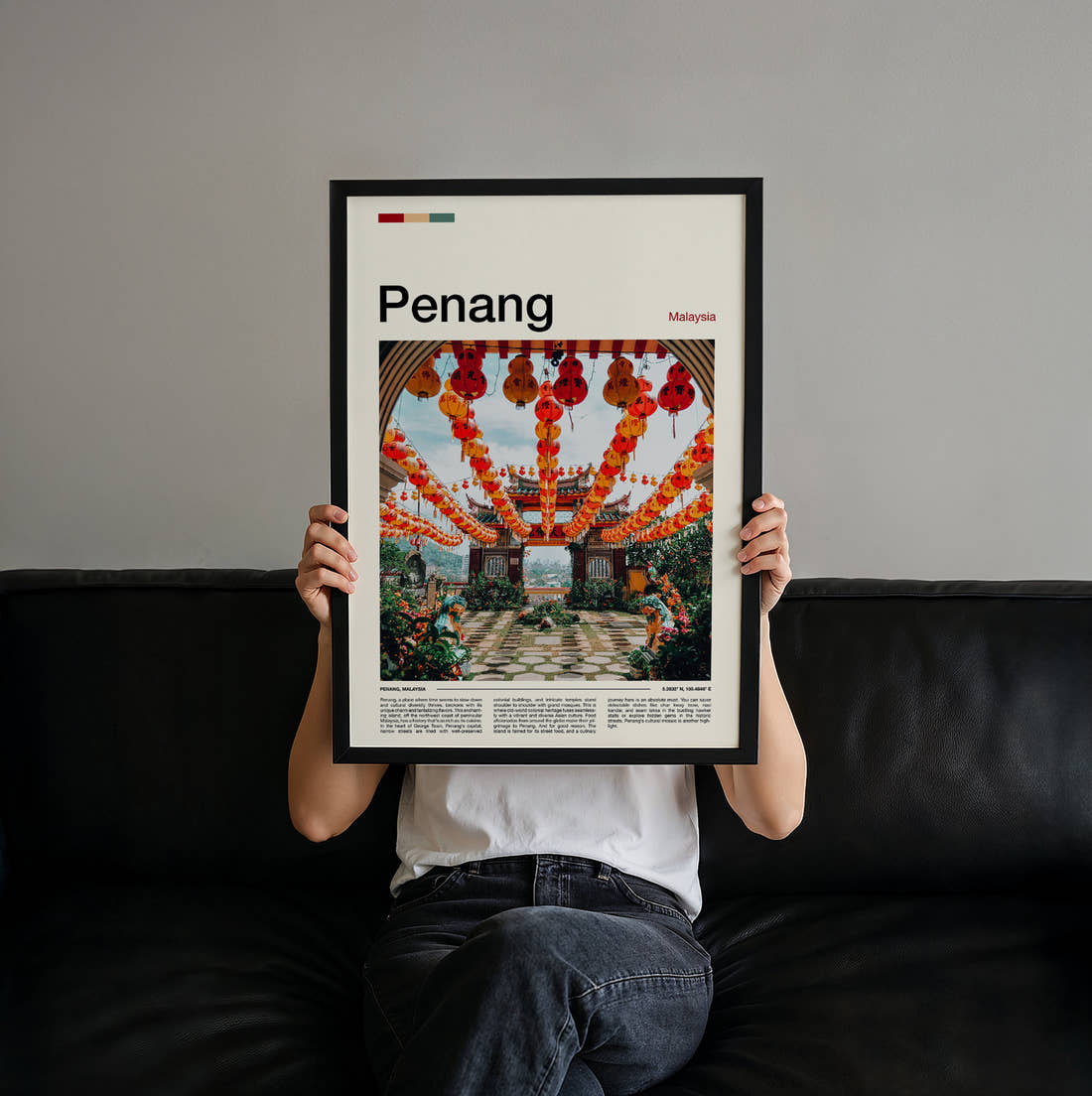Penang Red Lanterns Travel Print held up by hand to show the size of the print