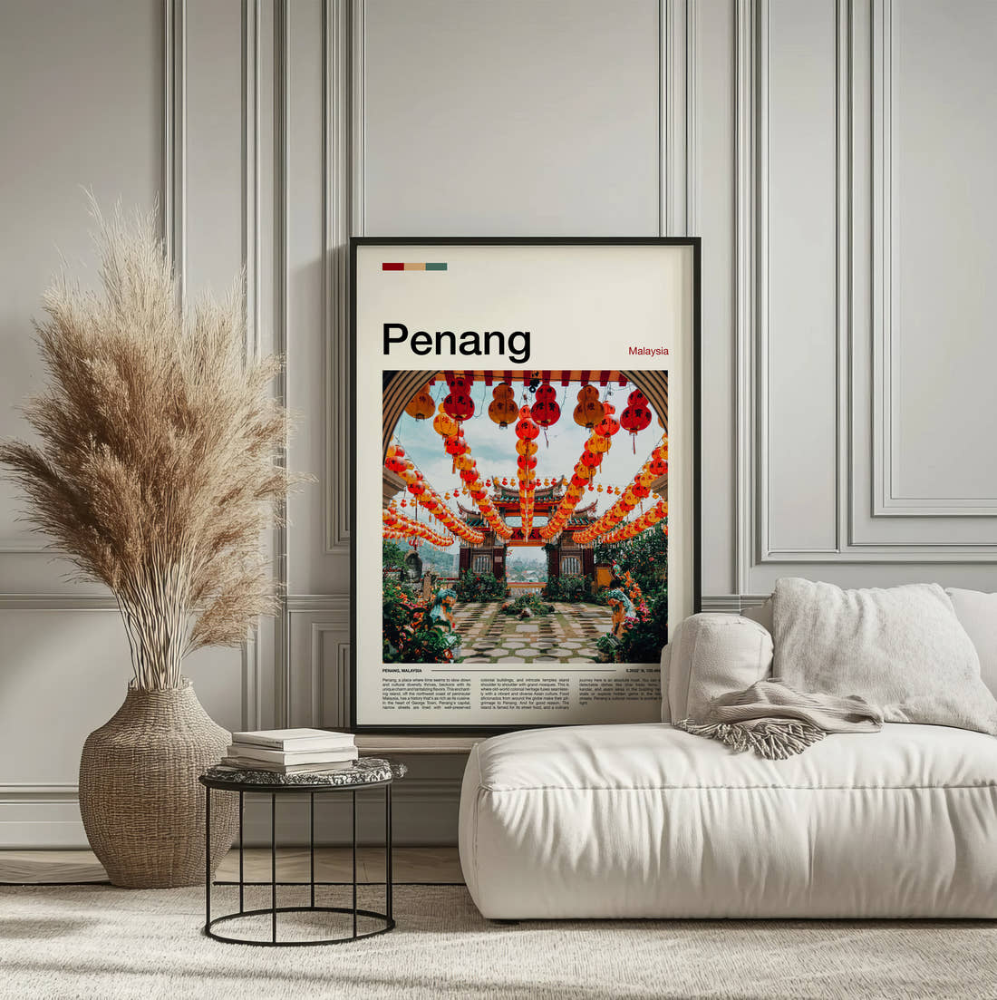 Penang Red Lanterns Travel Print framed on the wall of a calm, neutral bedroom