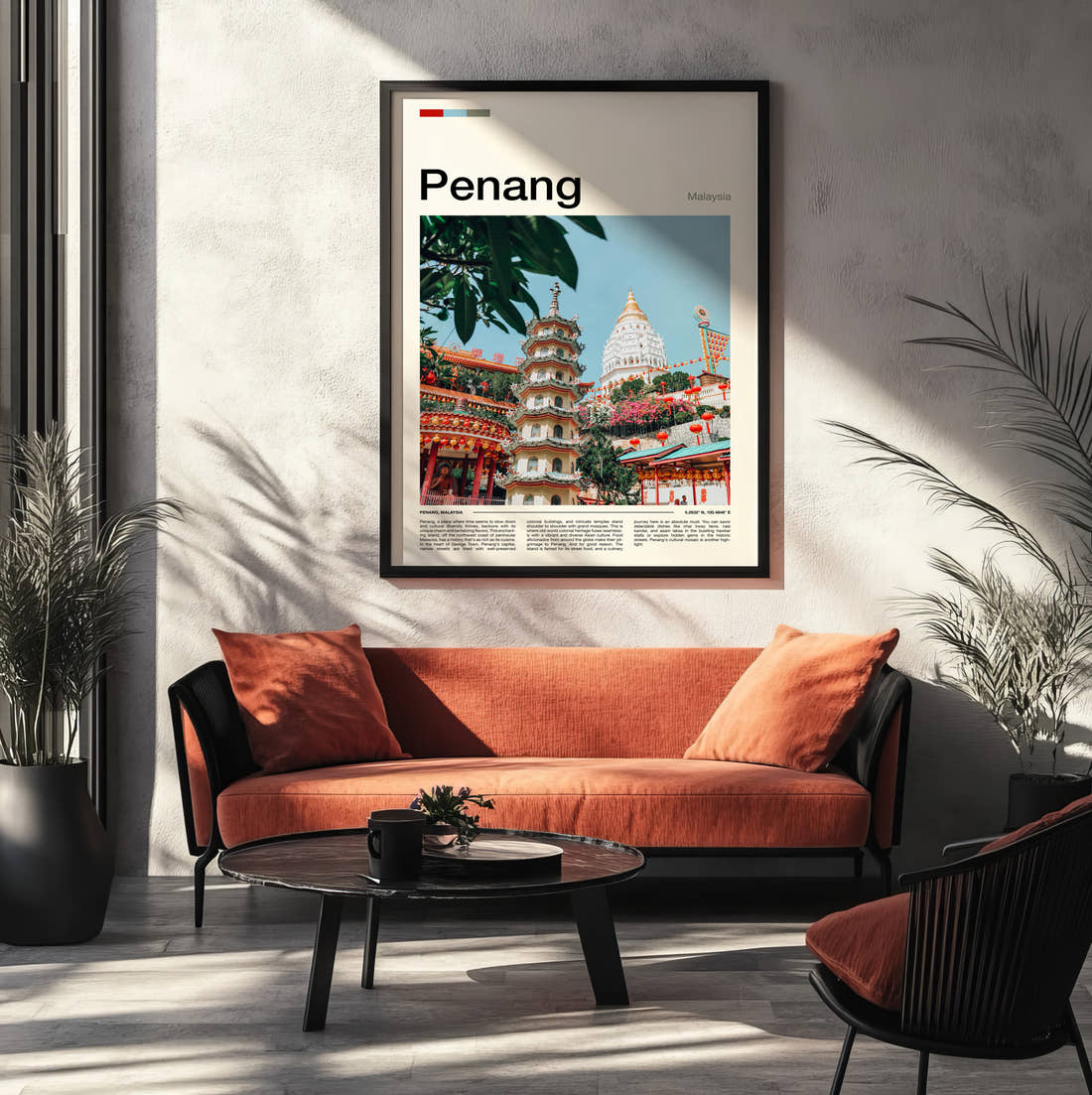 Penang Pagoda And Temple Travel Print framed on the wall of a modern living room