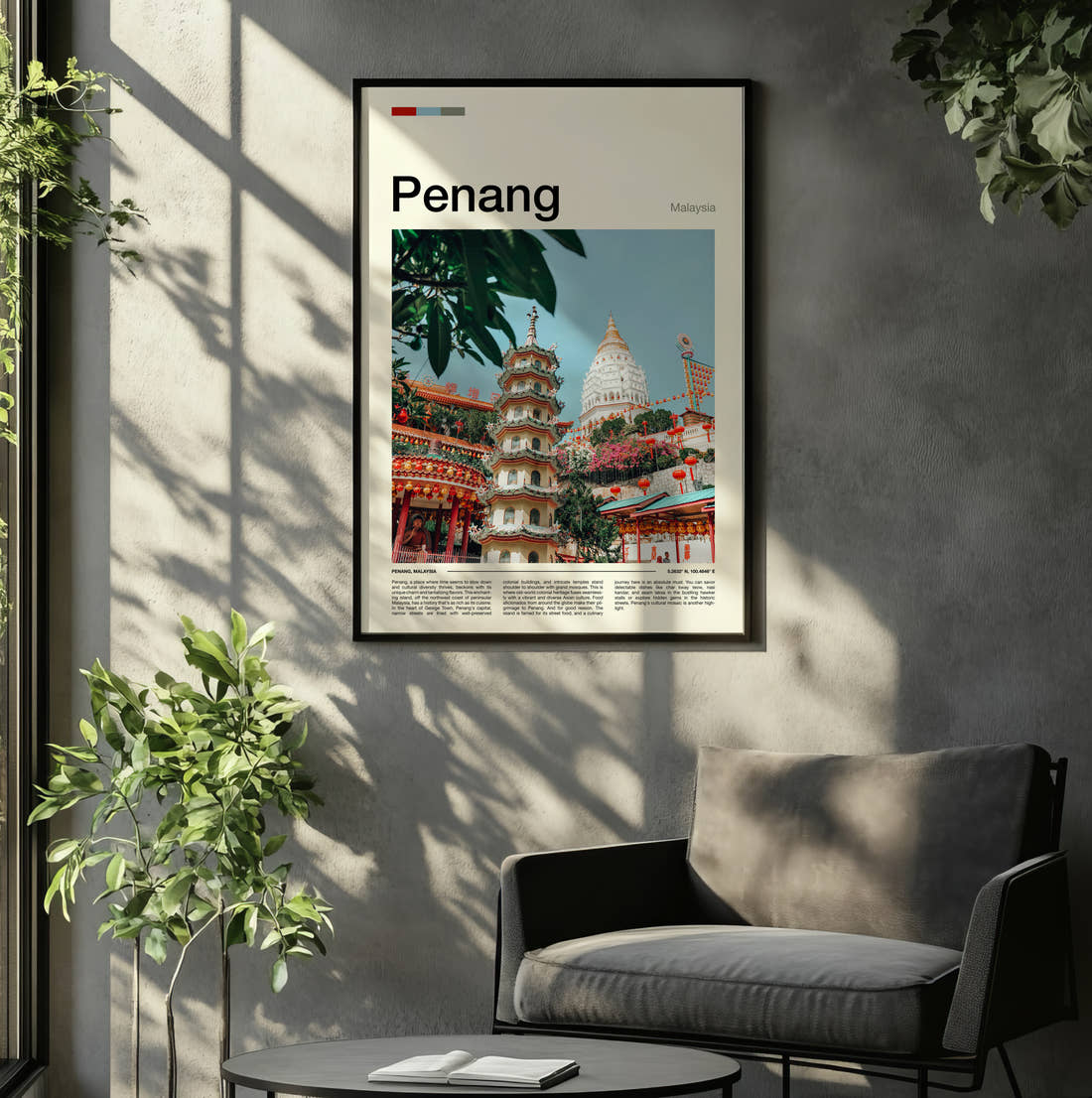 Penang Pagoda And Temple Travel Print framed on the wall of a relaxed living room