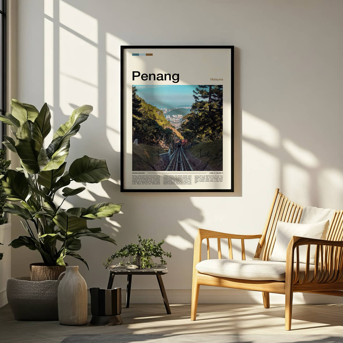 Penang Funicular Railway Travel Print framed on a pale wall beside houseplants