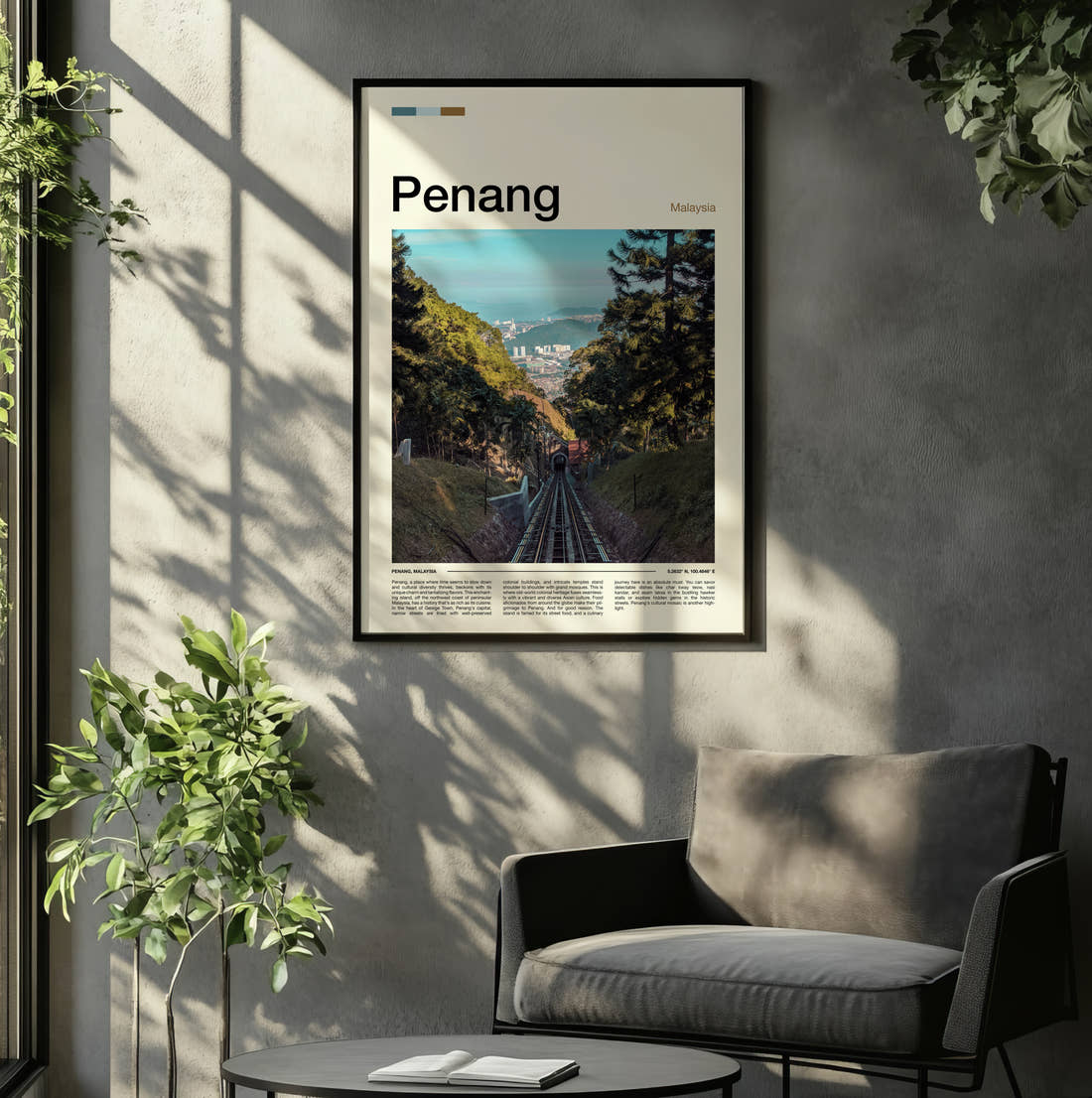 Penang Funicular Railway Travel Print framed on the wall of a relaxed living room