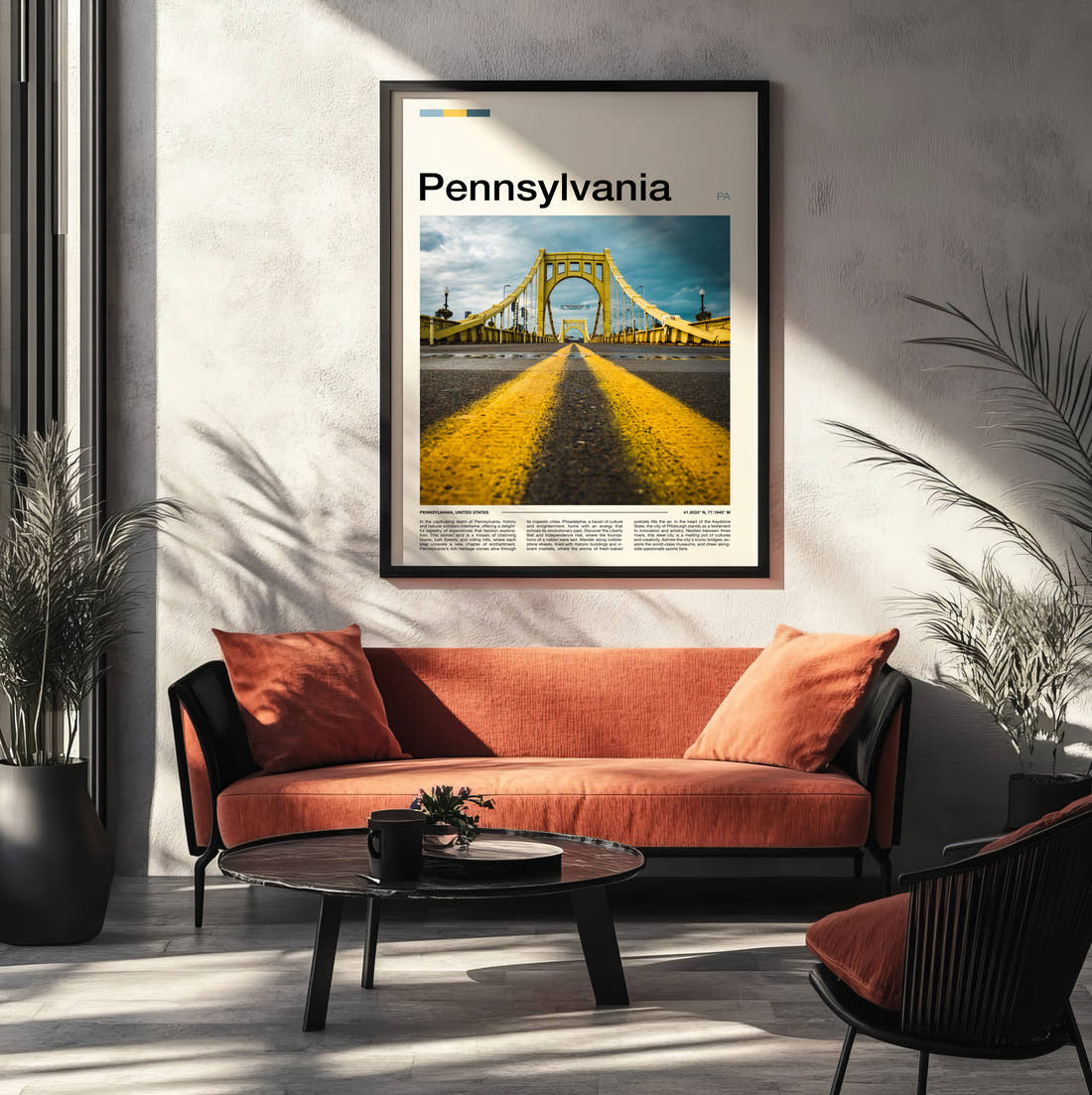 Pennsylvania Yellow Bridge Travel Print framed on the wall of a modern living room